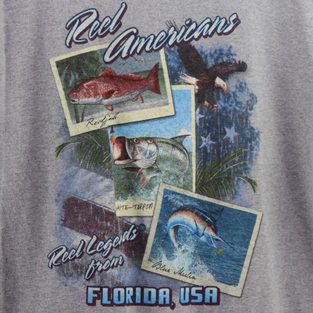 Reel Legends Florida USA Pocket T Shirt L Gray Fishing Redfish Tarpon Marlin